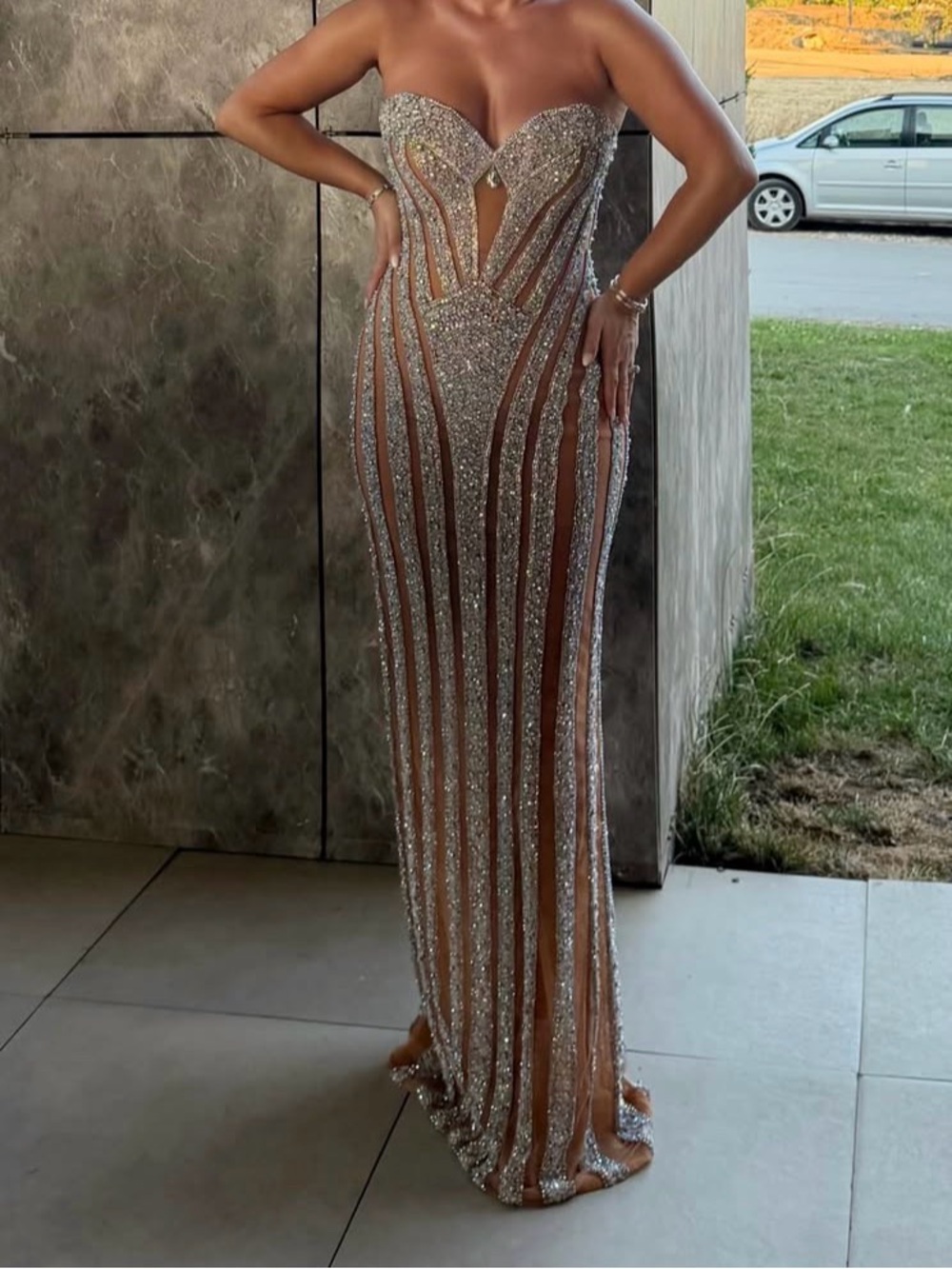 Portia and Scarlett Rose Gold Sequin Strapless Sheath Gown - Picture 2 of 3